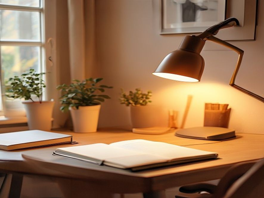 Calm desk workspace with notebook and ergonomic chair, natural light from window, no people