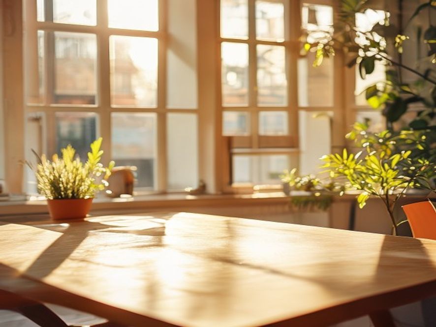 Bright morning light through windows in an empty office, natural wooden desk surface with subtle shadows