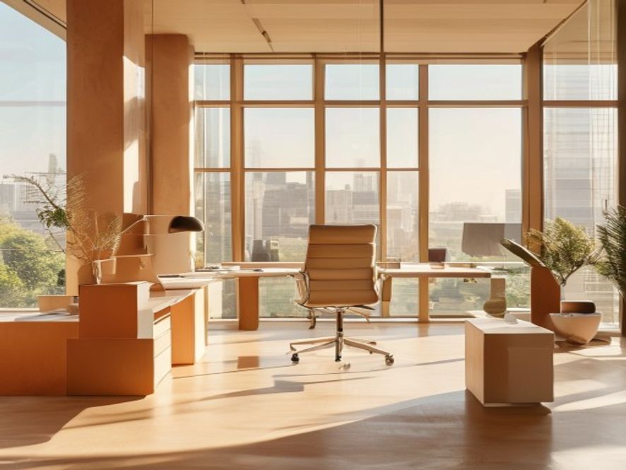 Bright office space with standing desk and natural light streaming through large windows, empty workspace