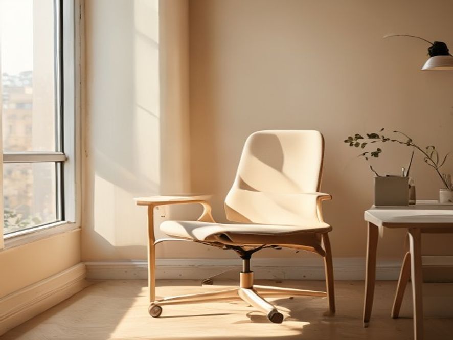 Empty ergonomic office chair by wooden desk, natural soft light, minimalist workspace