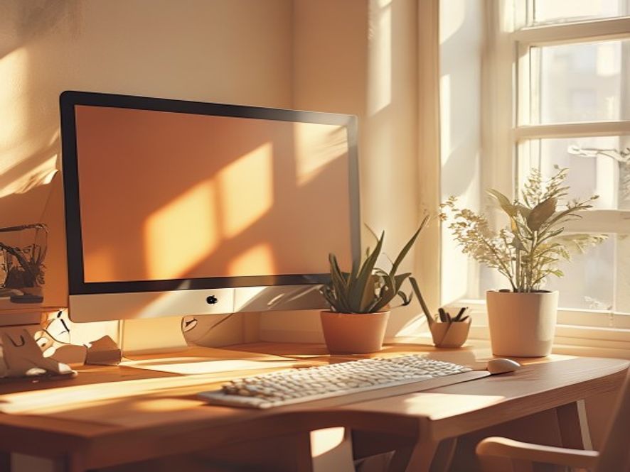 Organized desk with monitor, keyboard, and plant, soft afternoon light through window, minimal clutter